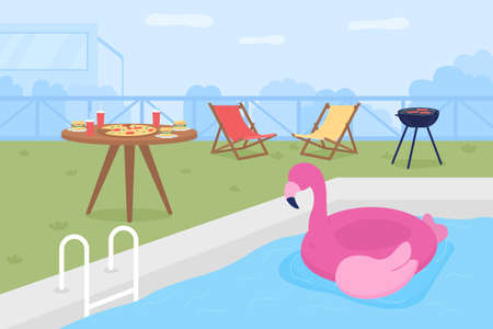 Hosting outdoor party flat color vector illustration. Barbecue season. Celebrating birthday with pool. Summertime relaxation. Backyard 2D cartoon party decor with swimming pool on backgroundのイラスト素材