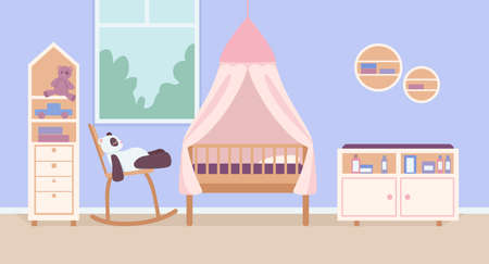 Child bedroom for newborn flat color vector illustration. Home interior with bed and toy. Playroom for toddler kids. Kindergarten room 2D cartoon interior with decorated furniture on backgroundのイラスト素材