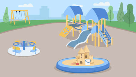 Empty playground flat color vector illustration. Zone for children outdoors. Preschool yard with sand pit. Kindergarten ground 2D cartoon characters with slides and swings for kids on backgroundのイラスト素材