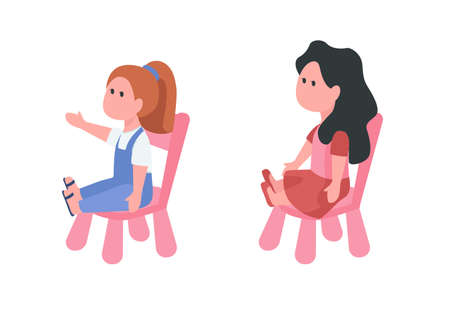 Dolls sitting on chairs semi flat color vector items set. Girl toys Colorful object on white. Childcare isolated modern cartoon style illustration for graphic design and animation collectionのイラスト素材