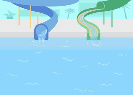 Water park flat color vector illustration. Pipeline for entertainment. Flowing water in tunnel lane...