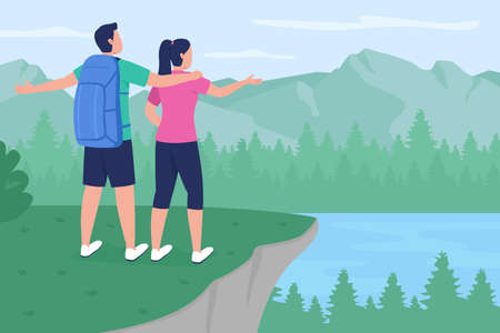 Backpacker couple in countryside flat color vector illustration. Boyfriend and girlfriend standing on peak. Trekkers enjoying view 2D cartoon characters with scenic mountains on backgroundのイラスト素材