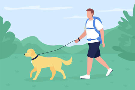 Trekker walk with dog in countryside flat color vector illustration. Man with labrador exploring trail in countryside. Backpacker 2D cartoon character with panoramic mountains on backgroundのイラスト素材