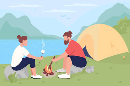 Camping in countryside flat color vector illustration. Tourists roasting marshmallows on bonfire. Couple resting near fire 2D cartoon characters with panoramic lake and mountains on backgroundのイラスト素材