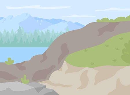 Rocky highlands for hiking flat color vector illustration. Spot in nature for trekking and climbing. Vacation in countryside. Scenic summer 2D cartoon landscape with mountain peaks on backgroundのイラスト素材