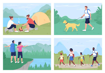 Leisure activity outdoors flat color vector illustration set. Walking on trails, resting in nature. Backpacker and camper 2D cartoon characters with panoramic countryside on background collectionのイラスト素材