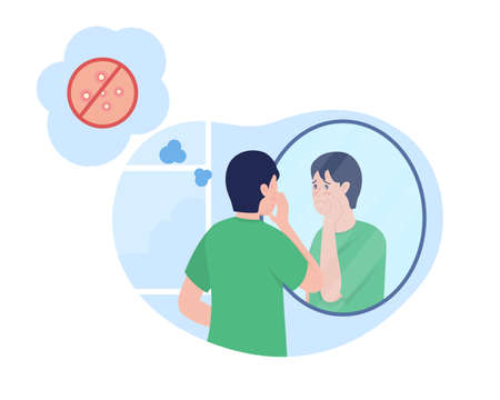Teenage boy sad over pimple 2D vector isolated illustration. Skin care issue with acne. Sad child look in mirror flat character on cartoon background. Teenager problem colorful sceneのイラスト素材