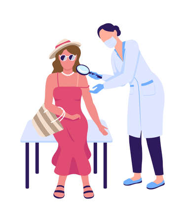 Sunburnt patient with doctor semi flat color vector characters. Women figures. Full body people on white. Health isolated modern cartoon style illustration for graphic design and animationのイラスト素材