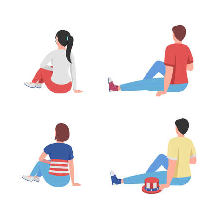 Sitting people on picnic semi flat color vector characters set. Relaxed figure. Full body people on white. Fun isolated modern cartoon style illustration for graphic design and animation collectionのイラスト素材