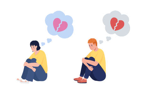 Heartbroken teenager semi flat color vector character set. Sitting figure. Full body people on...