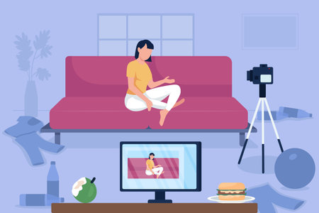 Girl in messy room flat color vector illustration. Disorder in bloggers home. Unhealthy lifestyle. Recording video influencer 2D cartoon character with dirty clothing on floor on backgroundのイラスト素材
