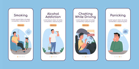 Unhealthy habits onboarding mobile app screen flat vector template. Alcohol addiction. Walkthrough website 4 steps with characters. Creative UX, UI, GUI smartphone cartoon interface, case prints setのイラスト素材
