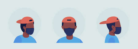 African boy semi flat color vector character avatar with mask set. Portrait with respirator from front and side view. Isolated modern cartoon style illustration for graphic design and animation packのイラスト素材