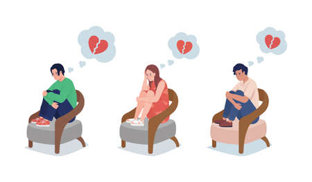 Teen upset over love semi flat color vector character set. Sitting figure. Full body people on white. Break up isolated modern cartoon style illustration for graphic design and animation collectionのイラスト素材