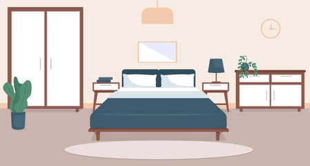 Bedroom interior flat color vector illustration. Cozy living room. Residential lifestyle. Double sized bed. Household room with furniture. Modern home 2D cartoon interior with furnishing on backgroundのイラスト素材