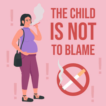 Pregnant woman smoking social media post mockup. The child is not to blame phrase. Web banner design template. Health booster, content layout with inscription. Poster, print ads and flat illustrationのイラスト素材