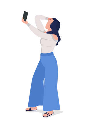 Girl taking picture semi flat color vector character. Posing figure. Full body person on white. Photography isolated modern cartoon style illustration for graphic design and animationのイラスト素材