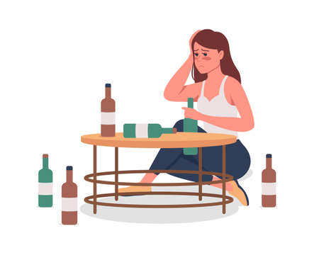 Alcoholic girl semi flat color vector character. Hangover person. Sitting figure. Full body person on white. Bad habit isolated modern cartoon style illustration for graphic design and animationのイラスト素材