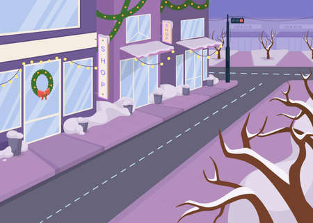 Winter city street flat color vector illustration. Outdoor decoration. Stores lighting with celebratory illumination. Snowy christmas 2D cartoon cityscape with closed shops on backgroundのイラスト素材