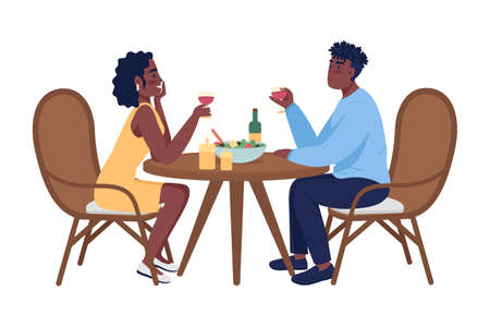 Couple on romantic dinner semi flat color vector characters. Sitting figures. Full body people on white. Home party isolated modern cartoon style illustration for graphic design and animationのイラスト素材