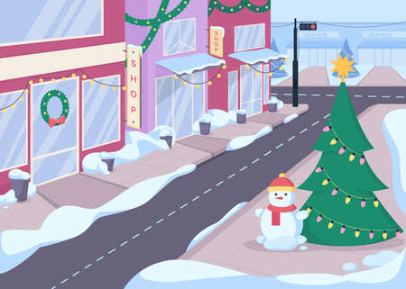 Winter city street with boutiques flat color vector illustration. Snowman with Christmas tree. Festively decorated 2D cartoon cityscape with snowy roads and small shops on backgroundのイラスト素材