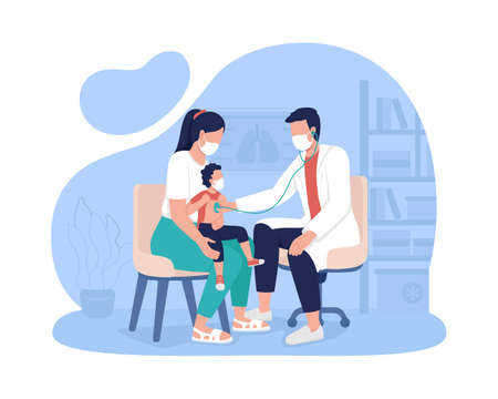 Mother and child appointment at hospital 2D vector isolated illustration. Pediatric office visit flat characters on cartoon background. Well-baby checkup. Visit to primary care doctor colorful sceneのイラスト素材