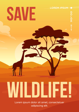 Save wildlife poster flat vector template. Wild animals habitats protection. Brochure, booklet one page concept design with cartoon landscape. Wildlife conservation flyer, leaflet with copy spaceのイラスト素材