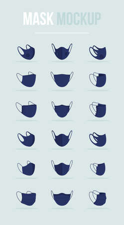 Coronavirus face mask types black mockup. Preventing wearer from virus transmitting. Filtering facepiece. Disposable material. Modern item clipart. Isolated design template on blue-gray backgroundのイラスト素材