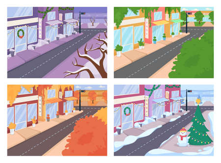 City street with different seasons flat color vector illustrations set. Urban area with autumn, spring features. Winter, summer 2D cartoon cityscapes collection with stores bunch on backgroundのイラスト素材