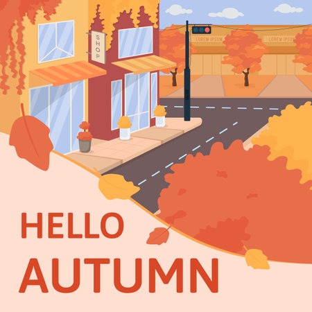 Cozy fall season social media post mockup. Hello autumn phrase. Web banner design template. Celebrate autumn holidays booster, content layout with inscription. Poster, print ads and flat illustrationのイラスト素材