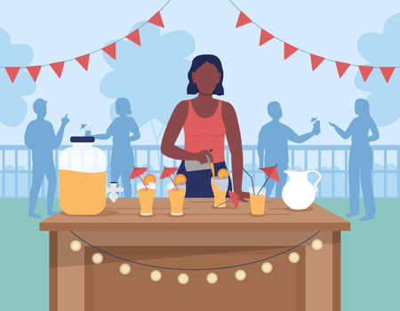 Hosting backyard cocktail party flat color vector illustration. Serving mixed alcoholic drinks for friends. Female bartender 2D cartoon character with informal social gathering on backgroundのイラスト素材