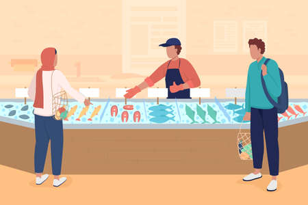 Seafood market flat color vector illustration. Buying fish and fish products. Selling fresh and frozen seafood. Fishmonger and consumers 2D cartoon characters with market stall on backgroundのイラスト素材