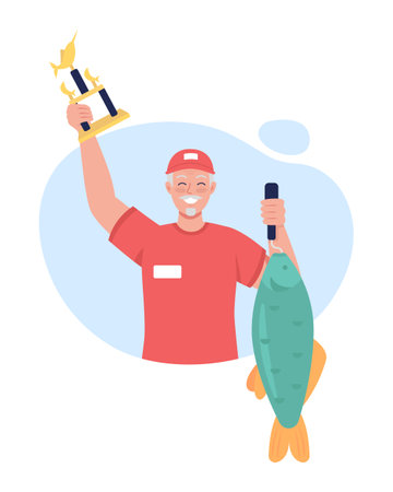 Winning fishing tournament 2D vector isolated illustration. Happy amateur fisherman with huge carp flat character on cartoon background. Summertime activity. Catching massive fish colorful sceneのイラスト素材