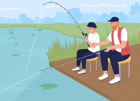 Fishing with teenager son flat color vector illustration. Summer activity with family. Finding common hobby. Father and kid catching fish from pier 2D cartoon characters with pond on backgroundのイラスト素材