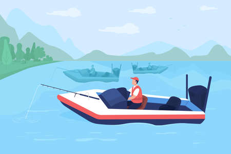 Fishing tournament in boats flat color vector illustration. Competing for winning cash prize. Young, inexperienced angler 2D cartoon character with lake landscape and powerboats on backgroundのイラスト素材