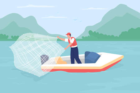 Net fishing from boat flat color vector illustration. Recreational activity. Trawling practice. Angler wearing waterproof jacket 2D cartoon character with mountain landscape on backgroundのイラスト素材