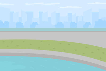 Pond in urban park flat color vector illustration. Public fishing land. Place for enjoying outdoor activities. Public open space. Peaceful 2D cartoon lake with urban environment on backgroundのイラスト素材