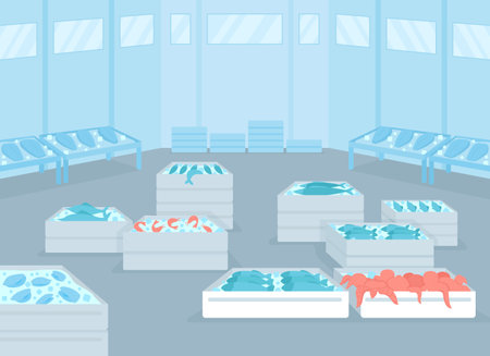 Wholesale seafood facility flat color vector illustration. Fresh and frozen seafood distribution. Containers, freezers with shrimp, octopus and fish 2D cartoon interior with warehouse on backgroundのイラスト素材