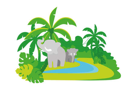 Elephants in jungle 2D vector isolated illustration. Wild animals roaming rainforest flat characters on cartoon background. African forest elephants living in dense woodland colorful sceneのイラスト素材