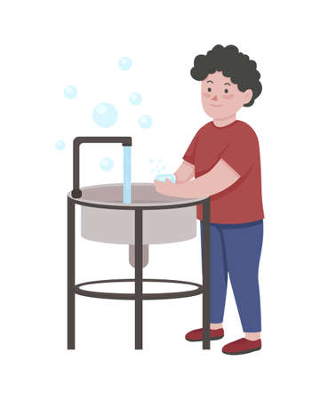 Little boy washing hands with soap with semi flat color vector character. Full body person on white. Promoting good hygiene isolated modern cartoon style illustration for graphic design and animationのイラスト素材