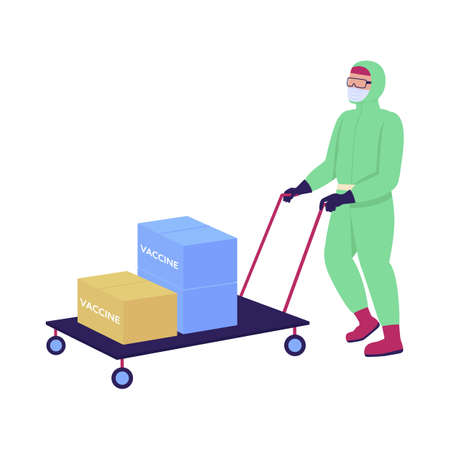 Healthcare worker transporting vaccines semi flat color vector character. Full body person on white. Vaccination center isolated modern cartoon style illustration for graphic design and animationのイラスト素材