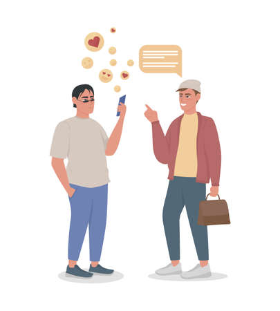 Man phubbing semi flat color vector characters. Full body people on white. Ignoring friend for phone. Smartphone addiction isolated modern cartoon style illustration for graphic design and animationのイラスト素材