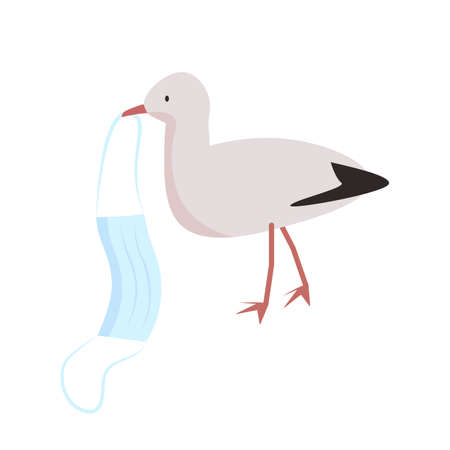 Seagull carries coronavirus face mask semi flat color vector character. Full body animal on white. Hurting wildlife isolated modern cartoon style illustration for graphic design and animationのイラスト素材