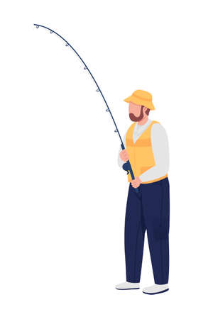 Bearded man with spinning rod semi flat color vector character. Full body person on white. Male wearing fishing jacket isolated modern cartoon style illustration for graphic design and animationのイラスト素材