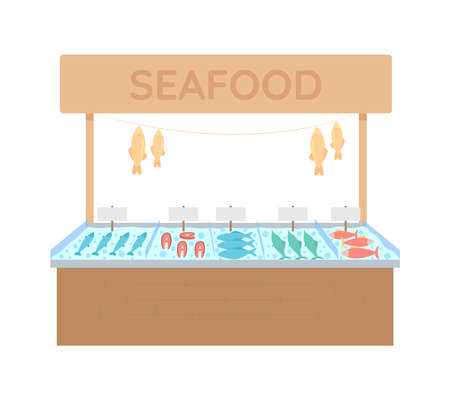 Seafood market stall semi flat color vector object. Full sized element on white. Marine products kiosk. Fish marketplace isolated modern cartoon style illustration for graphic design and animationのイラスト素材