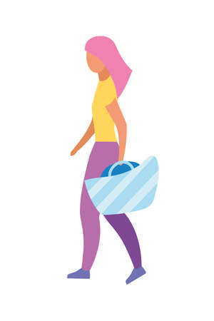 Girl with blue beach bag semi flat color vector character. Full body person on white. Choosing tote for summer isolated modern cartoon style illustration for graphic design and animationのイラスト素材