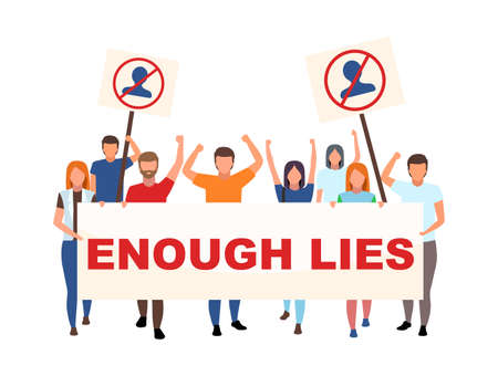 Anti-government demonstration flat concept vector illustration. Activists with enough lies placard isolated 2D cartoon characters on white for web design. Fighting with truth distortion creative ideaのイラスト素材