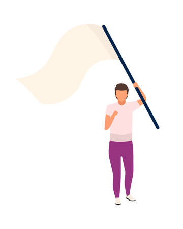 Man with flying flag semi flat color vector character. Posing figure. Full body person on white. Public demonstration isolated modern cartoon style illustration for graphic design and animationのイラスト素材