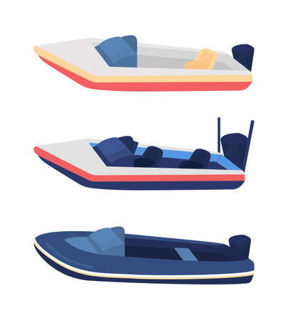 Fishing vessel semi flat color vector objects set. Full sized element on white. Boat for sport angling isolated modern cartoon style illustrations collection for graphic design and animationのイラスト素材
