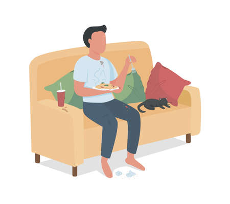 Careless male eating junk food on sofa semi flat color vector character. Full body person on white. Bad habit isolated modern cartoon style illustration for graphic design and animationのイラスト素材